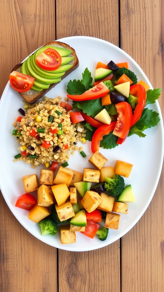 A colorful vegan meal with avocado toast, quinoa salad, stir-fried tofu, and fruit salad on a rustic table.
